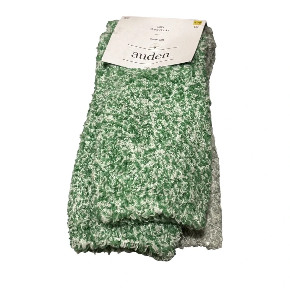Auden Cozy Crew Socks 2 Pack Green Grey Super Soft Fuzzy Marl Shoe Size 4-10 NWT